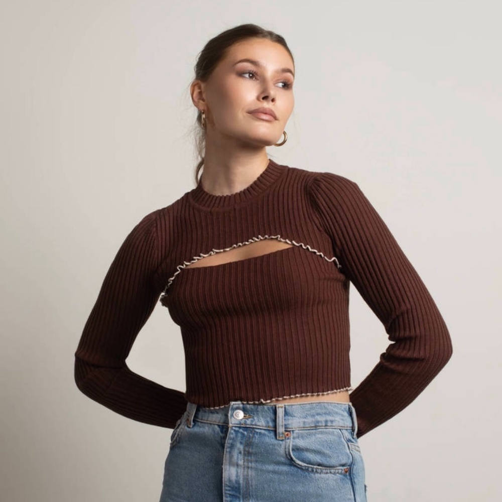 Tobi Motivate Me Brown Cutout Mockneck Sweater Crop Top